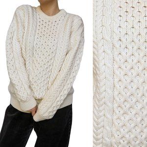 VTG Merino Wool Sweater, Cream Cable Irish Knit, L